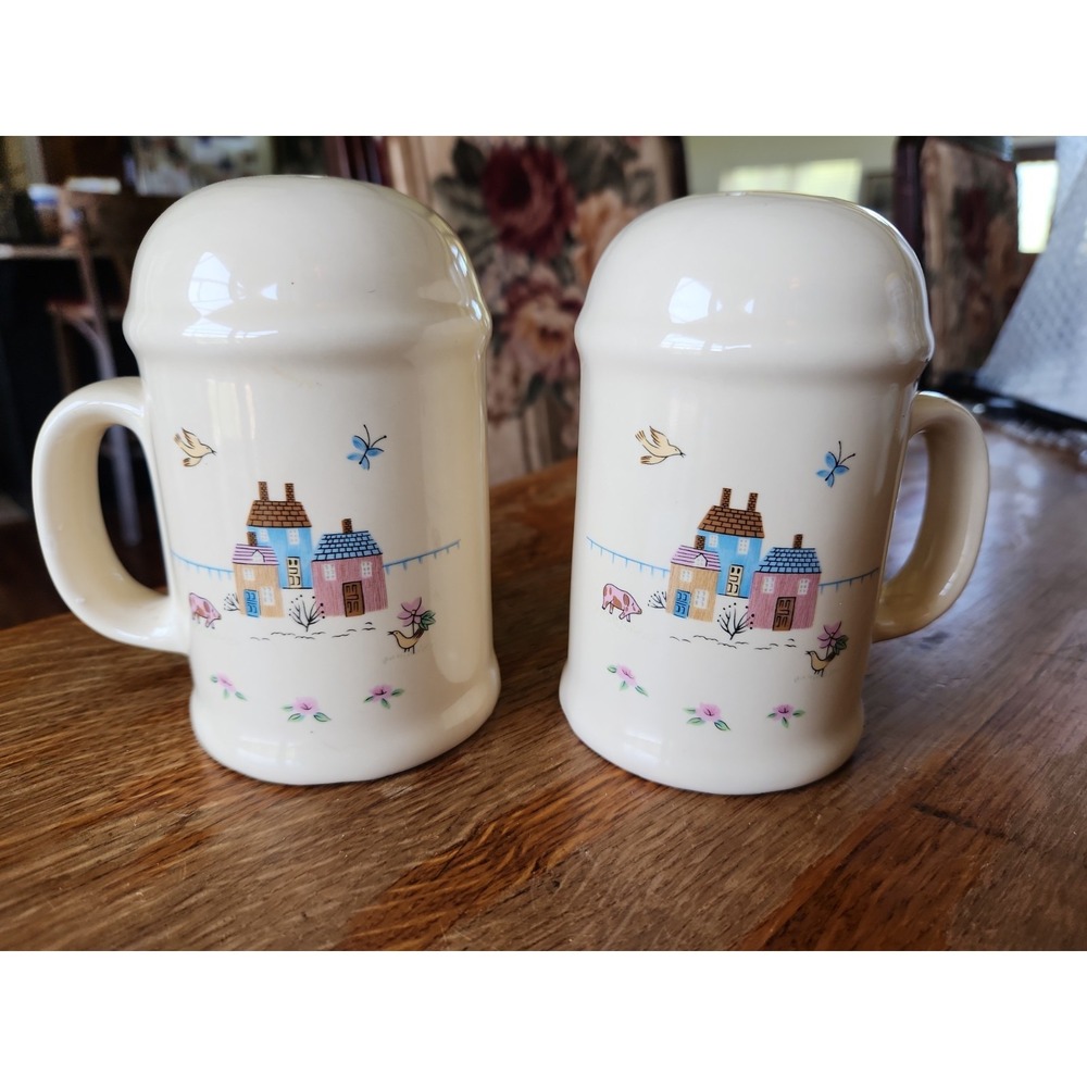 Vtg Heartland International Stoneware Stovetop Large Salt Pepper Shakers Cottage